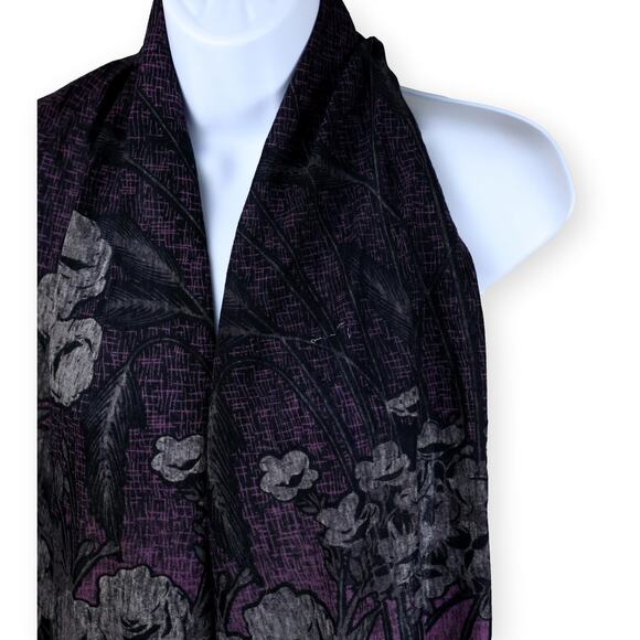 Gray Brown Colorblock Floral Fringe Rectangle Scarf 40x26 - Picture 4 of 7